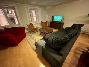 ein Wohnzimmer mit einem Sofa und einem TV in der Unterkunft 3 bedroom unique apartment in Old Town in Tallinn