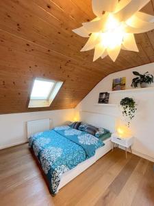 a bedroom with a bed and a ceiling with a chandelier at "Stone's throw" KRUMLOV 5 min by car, LIPNO 15 min by car, 2 bdrooms,playroom in Kájov