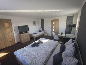 a hotel room with a bed and a living room at Penzion Kolonka in Rumburk