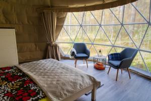 1 dormitorio con 2 sillas, 1 cama y 1 ventana en Igloo Glamping LakeLand Camp, en Imatra