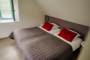 a bedroom with a bed with two red pillows at Appart'hotel Durbuy in Durbuy