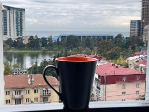 uma chávena de café sentada no parapeito da janela em Babi Home em Batumi