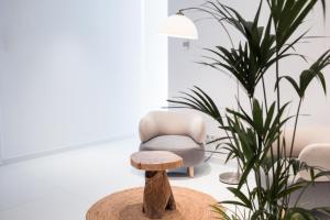 einen Stuhl und einen Stuhl in einem Raum mit einer Pflanze in der Unterkunft Petit Sagitario Adults only in Ciutadella