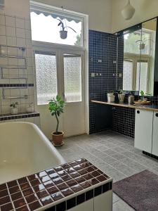 ein großes Bad mit einer Badewanne und einem Waschbecken in der Unterkunft Disponentparken Café och Bed & Breakfast in Grängesberg