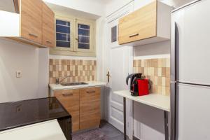 a small kitchen with wooden cabinets and a refrigerator at Central apartment in the heart of Historic Center in Athens