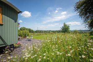 a field of flowers next to a green building at Cromwell's Hideaway in Monmouth