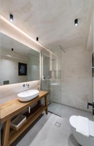 een badkamer met een wastafel, een toilet en een douche bij Pnoe - Feel at Home in Lefkada
