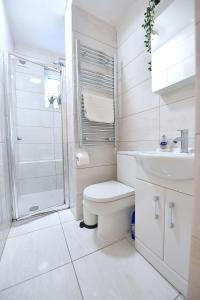 La salle de bains est pourvue de toilettes, d'un lavabo et d'une douche. dans l'établissement Kingsley Apartments Tower Bridge, à Londres
