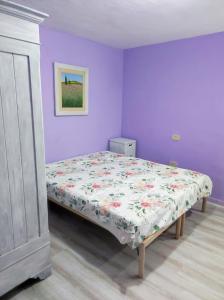 a bedroom with a bed in a purple room at Casa Scanno centro storico in Scanno