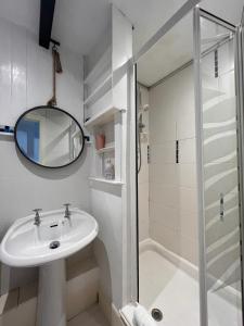uma casa de banho branca com um lavatório e um chuveiro em Halwell House - A Spacious Quiet Apartment em Kingsbridge