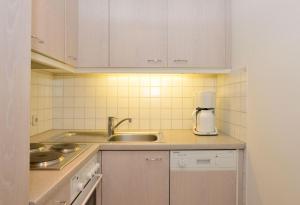 eine Küche mit einer Spüle und einem Mixer auf der Theke in der Unterkunft Sylter Distel in Westerland