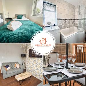 un collage de fotos de un dormitorio y un baño en Lovely Refurbished Home - Free Parking-WiFi By Hinkley Homes Short Lets & Serviced Accommodation en Birmingham