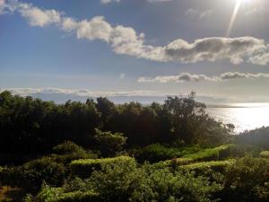 una vista del sol sobre el agua y los árboles en Holiday home in Praínha, Pico, Azores, en Prainha de Cima