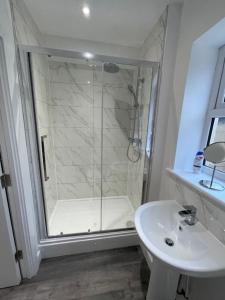 a bathroom with a shower and a sink at Harrystoke 1 bedroom studio, free parking & Garden in Bristol