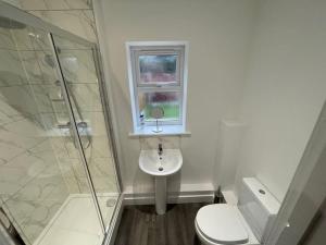 a bathroom with a sink and a shower and a toilet at Harrystoke 1 bedroom studio, free parking & Garden in Bristol