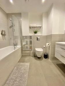 a bathroom with a toilet and a shower and a sink at Goodwin St in London
