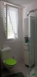 bagno con servizi igienici verdi e finestra di Alloggio Corina a Cadenazzo
