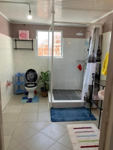 uma casa de banho com um chuveiro e um WC. em Villa Eden Wood em Ivato