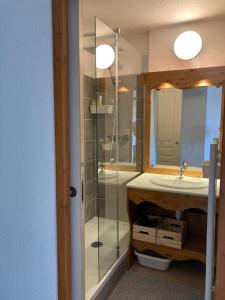 ein Bad mit einer Glasdusche und einem Waschbecken in der Unterkunft Mélèze B *** plein Sud in Chamrousse