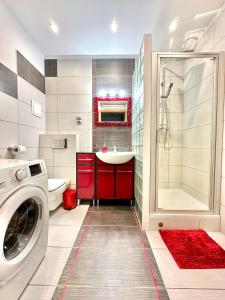 カリシュにあるLuxApart Kalisz Newのバスルーム(洗濯機、シンク付)