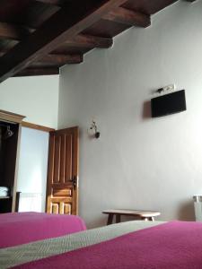 サンタ・エウラリア・デ・オスコスにあるLa Posada de Oscosのベッドルーム1室(紫色のベッド1台、壁掛けテレビ付)