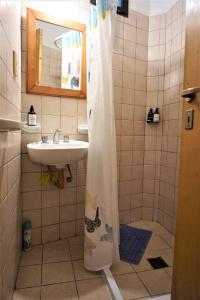 baño con lavabo y cortina de ducha en Alem PA4 Mendoza en Mendoza