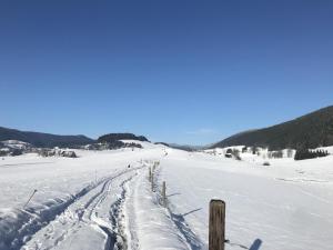 un campo cubierto de nieve con una valla en la distancia en Gites de la Planta, en Le Bouilly