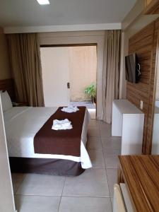a hotel room with a bed and a television at Pousada Recanto do Lobo in Porto De Galinhas