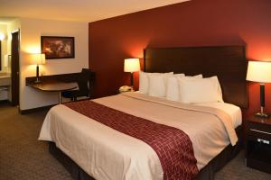 Habitación de hotel con cama grande y escritorio. en Red Roof Inn Cookeville - Tennessee Tech, en Cookeville