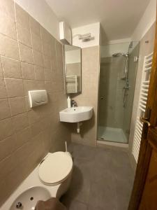 uma casa de banho com um WC, um lavatório e um chuveiro em Appartamento con 3 camere da letto in Centro Courmayeur em Courmayeur