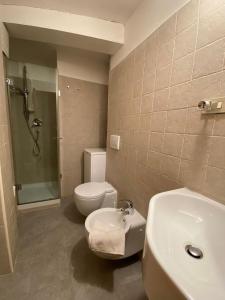 uma casa de banho com um WC, um lavatório e um chuveiro em Appartamento con 3 camere da letto in Centro Courmayeur em Courmayeur