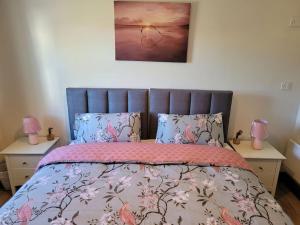 1 dormitorio con 1 cama y 2 mesitas de noche con lámparas en Murray's Lodge: Self-Catering Accommodation., en Cavan