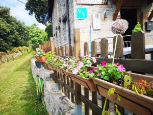 a row of potted plants on a fence at La casina del Cabrajigo in Cangas de Onís