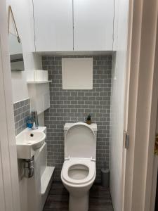 Baño pequeño con aseo y lavamanos en London Rooms with Free Parking 134, en Stone Grove