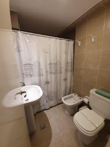 y baño con lavabo, aseo y cortina de ducha. en Apart jujuy Suite Premium en San Salvador de Jujuy