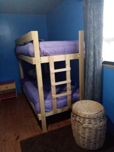 a bunk bed with purple bunk beds in a room at Cycling Hostel Piedra Azul in Puerto Montt