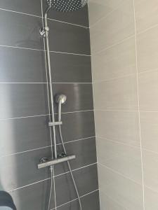 a shower in a bathroom with gray tiles at Ty Enez Mor in Lanildut