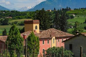 a group of houses with mountains in the background at Villa Clementina - Prosecco Country Hotel in San Pietro di Feletto
