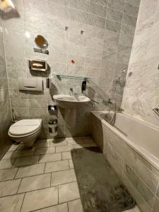 a bathroom with a toilet and a sink and a tub at Parkhotel Waldschlösschen in Annaberg-Buchholz