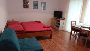 1 dormitorio con 1 cama y 1 mesa con TV en Apartmánek U lanovky en Janske Lazne