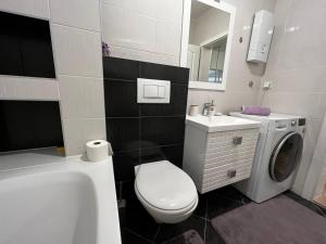 a bathroom with a toilet sink and a washing machine at Srnina kuća in Koran