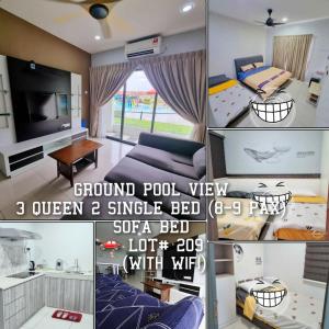 a collage of photos of a bedroom and a living room at HOMESTAY COMFY CONDO with Waterpark, Pool, Playground & Gym in Ipoh
