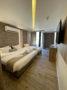 Habitación de hotel con 2 camas y TV de pantalla plana. en Mass Boutique hotel, en Áqaba
