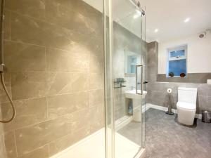 a bathroom with a glass shower and a toilet at Ockendon House Apartments in Torquay +20 photos