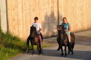 due ragazze che cavalcano su una strada con una recinzione di Berggasthof Zieplhof a Westendorf