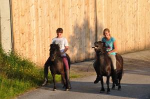 two girls riding horses on a road with a fence at Berggasthof Zieplhof in Westendorf