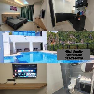 un collage de fotos de una habitación de hotel con piscina en Alish Studio Apartment with Pool, Netflix, Wifi en Gua Musang