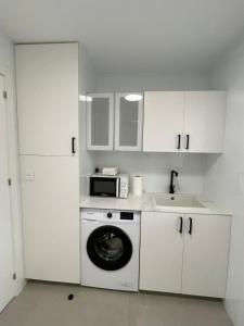 cocina con lavadora y microondas en Apartamento Isabella suite en Güéjar-Sierra