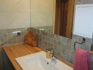 a bathroom sink with a mirror and a pink towel at Apartament Kaspruś in Zakopane