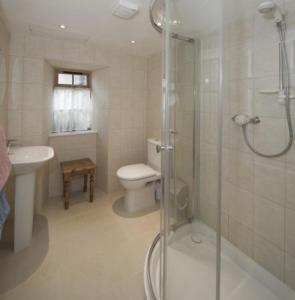 a bathroom with a shower and a toilet and a sink at Linnhe in Appin